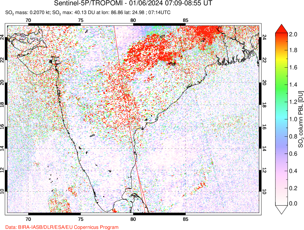 A sulfur dioxide image over India on Jan 06, 2024.