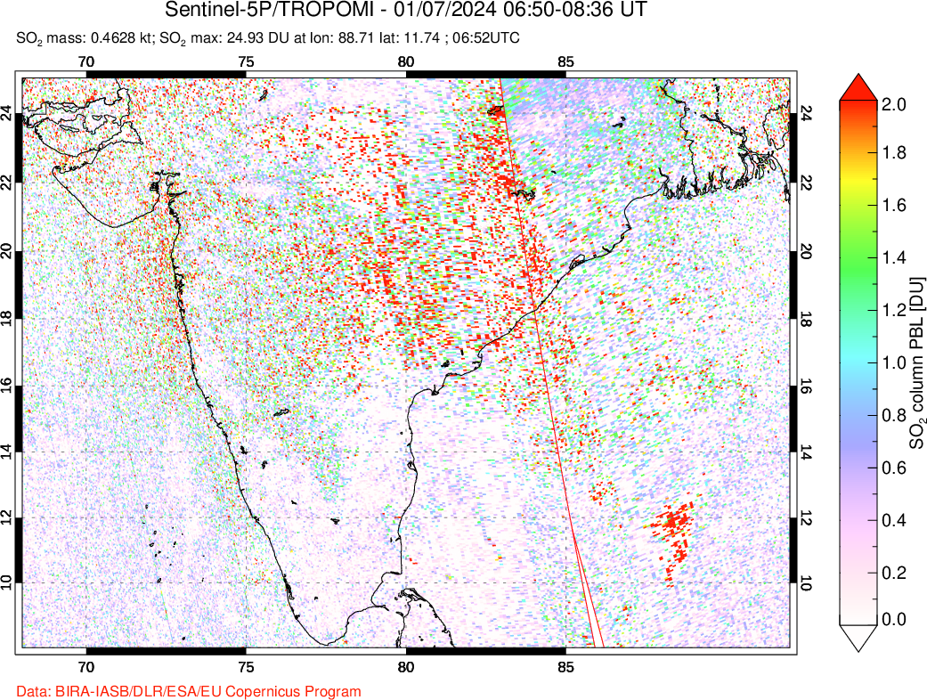 A sulfur dioxide image over India on Jan 07, 2024.