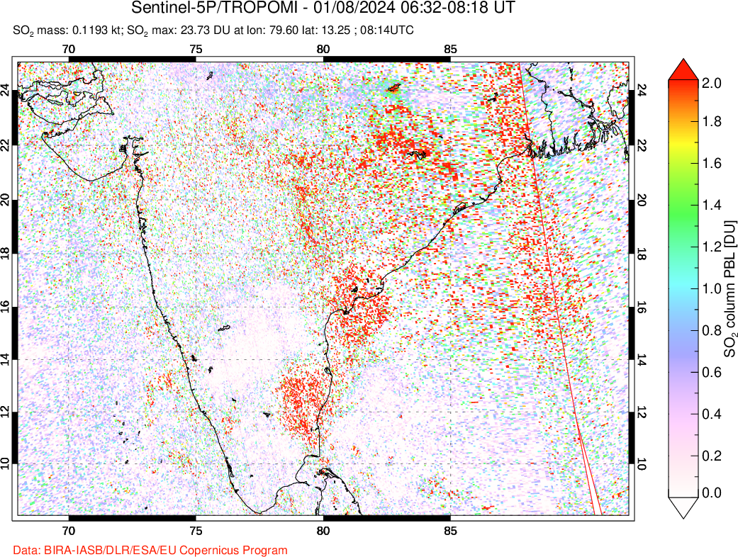 A sulfur dioxide image over India on Jan 08, 2024.