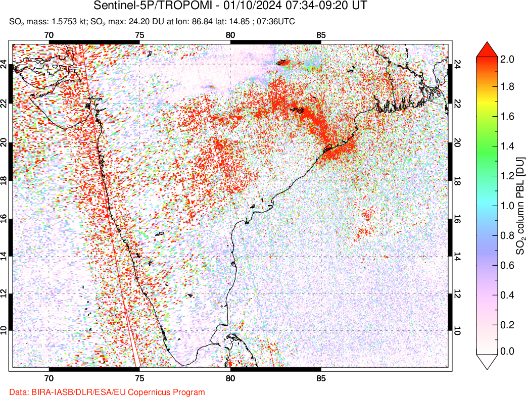 A sulfur dioxide image over India on Jan 10, 2024.