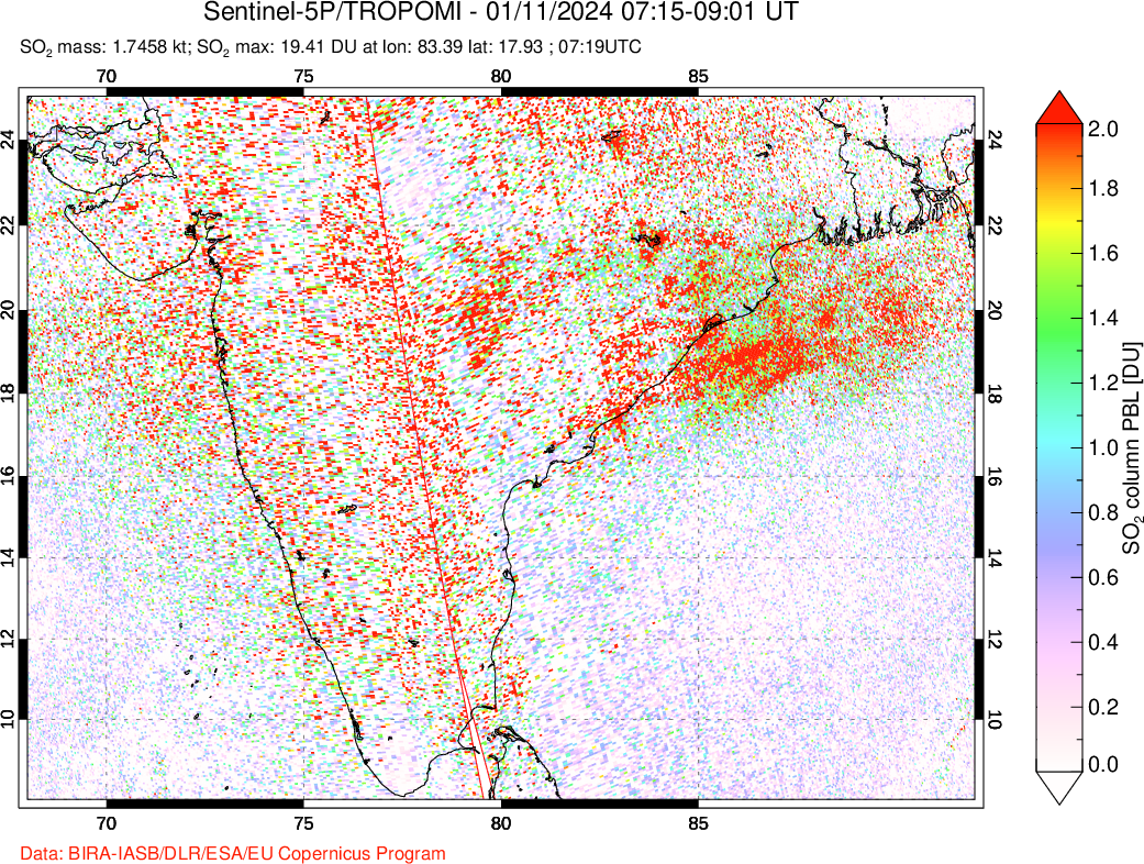 A sulfur dioxide image over India on Jan 11, 2024.