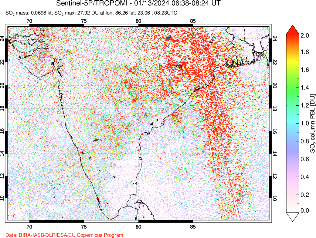 A sulfur dioxide image over India on Jan 13, 2024.