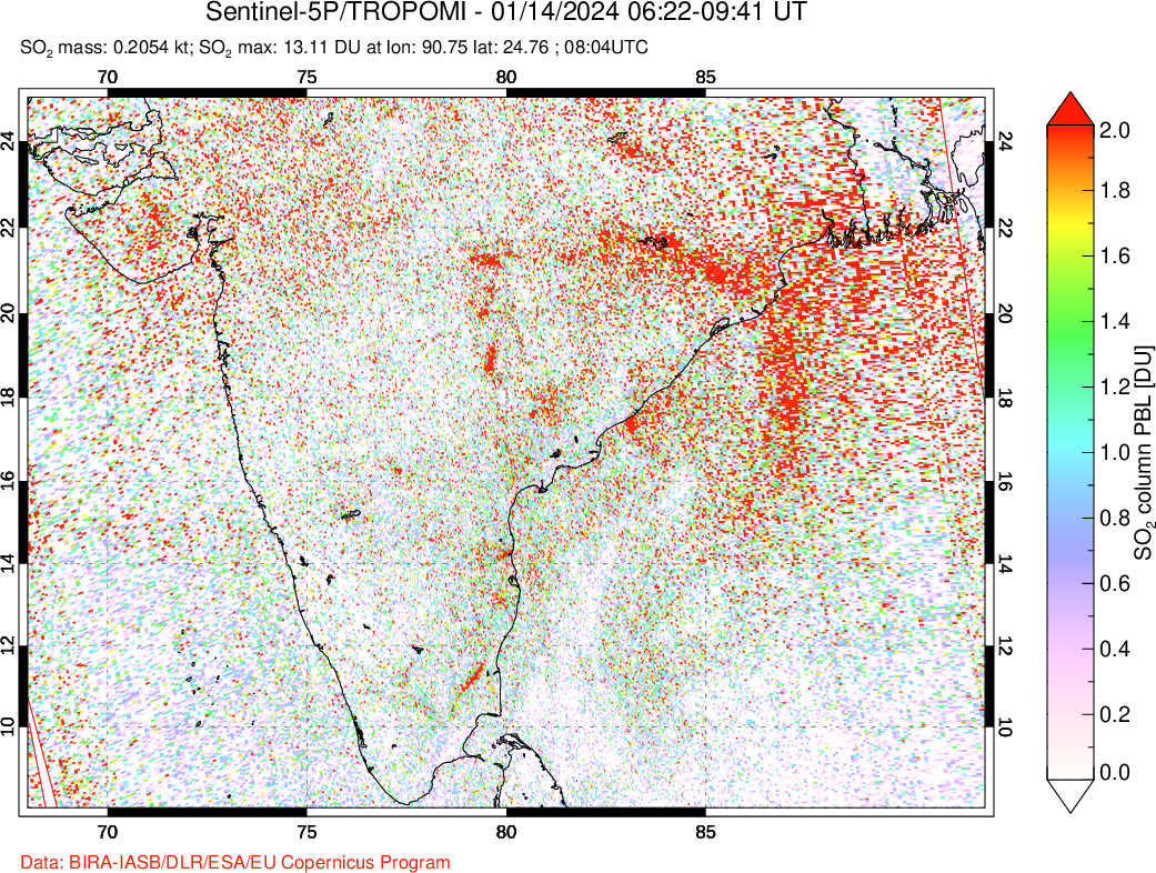 A sulfur dioxide image over India on Jan 14, 2024.