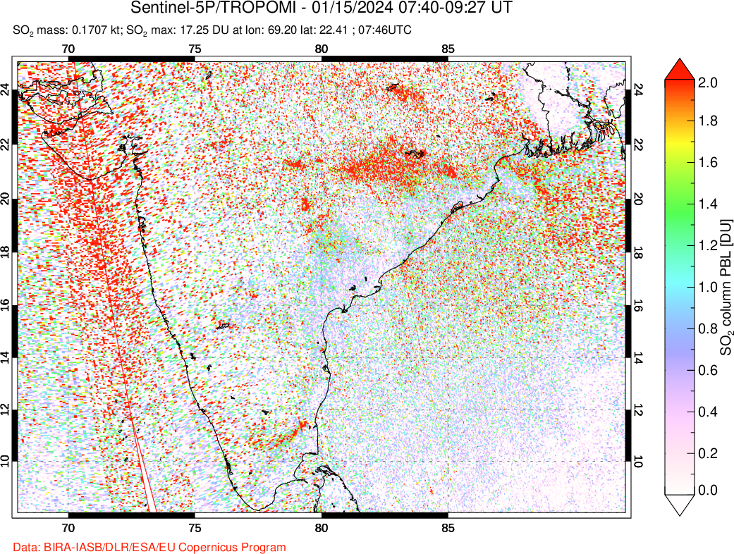 A sulfur dioxide image over India on Jan 15, 2024.