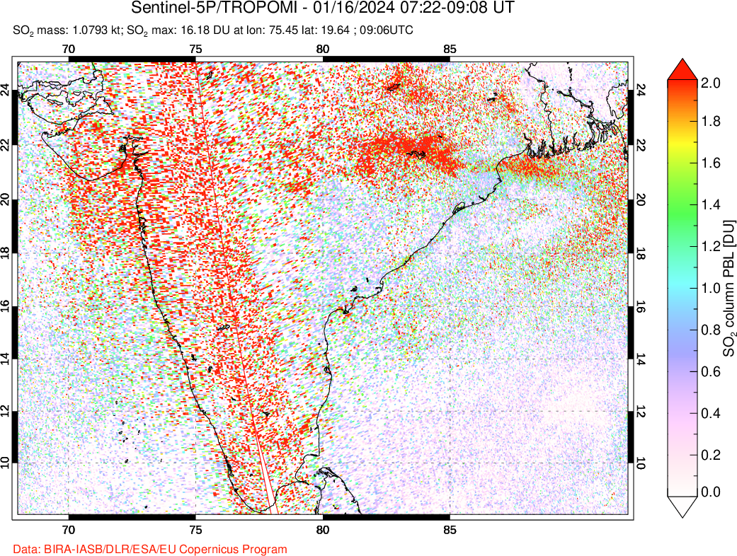 A sulfur dioxide image over India on Jan 16, 2024.