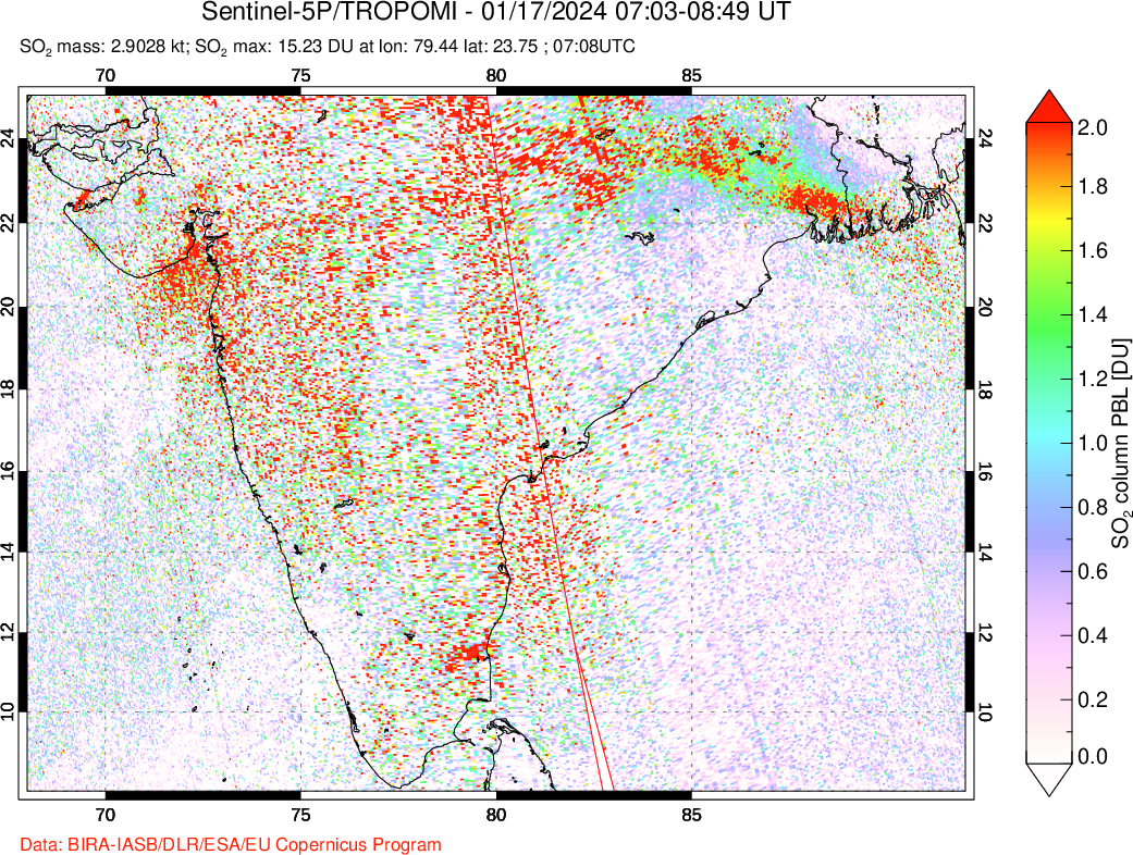 A sulfur dioxide image over India on Jan 17, 2024.