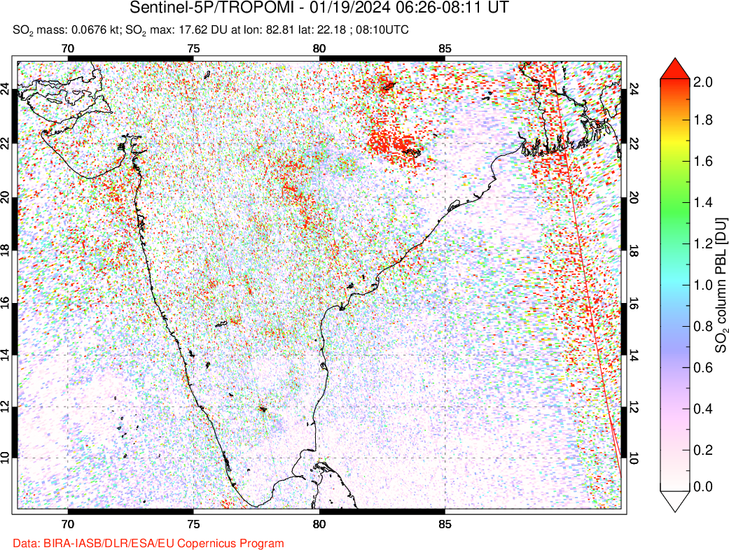 A sulfur dioxide image over India on Jan 19, 2024.