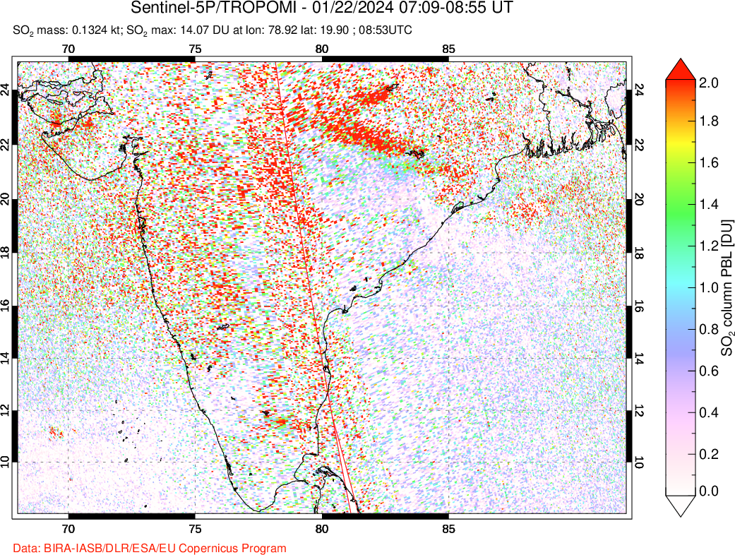 A sulfur dioxide image over India on Jan 22, 2024.