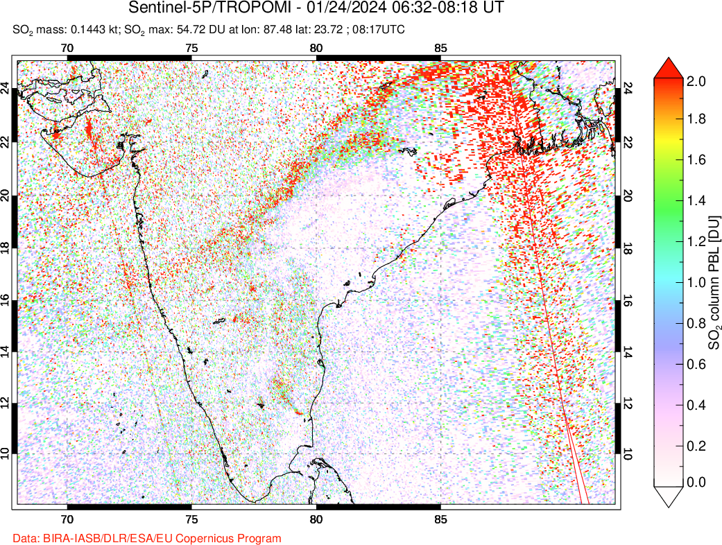 A sulfur dioxide image over India on Jan 24, 2024.