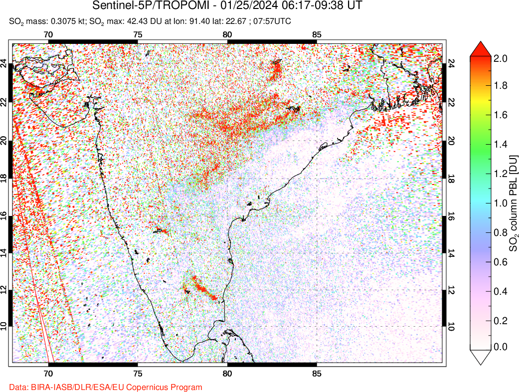 A sulfur dioxide image over India on Jan 25, 2024.