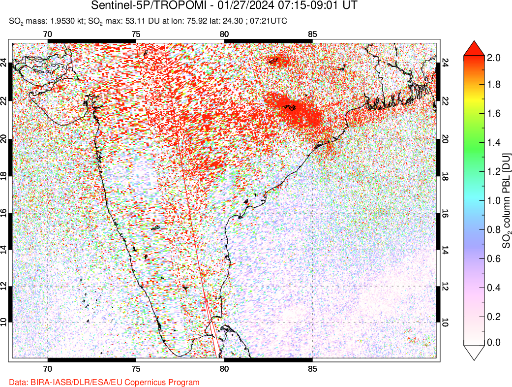 A sulfur dioxide image over India on Jan 27, 2024.