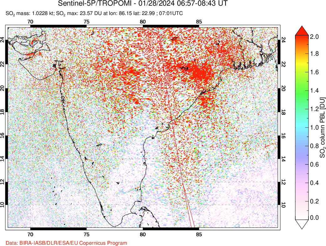 A sulfur dioxide image over India on Jan 28, 2024.