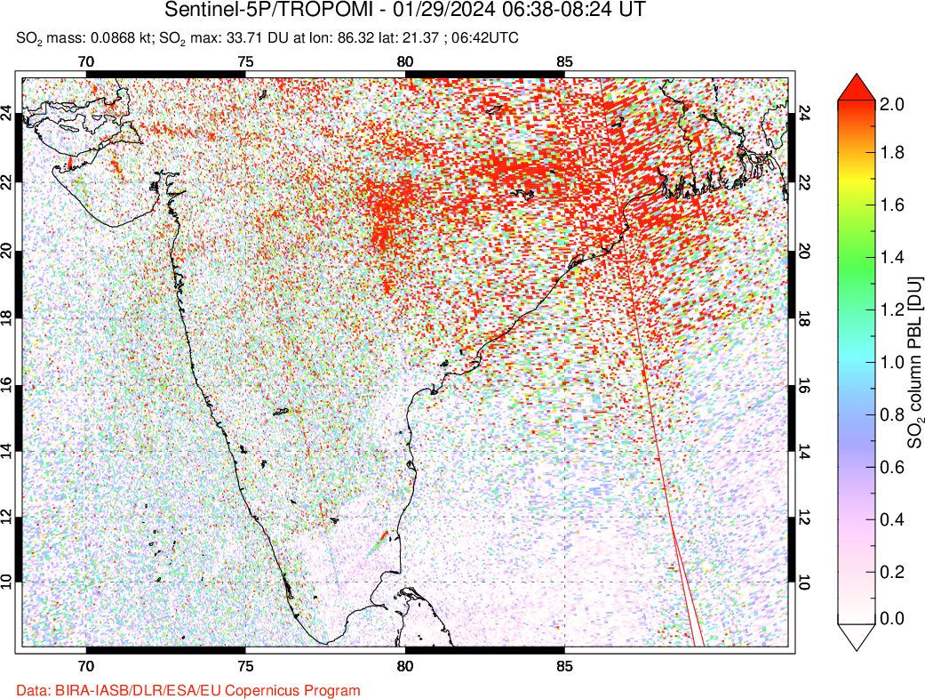 A sulfur dioxide image over India on Jan 29, 2024.