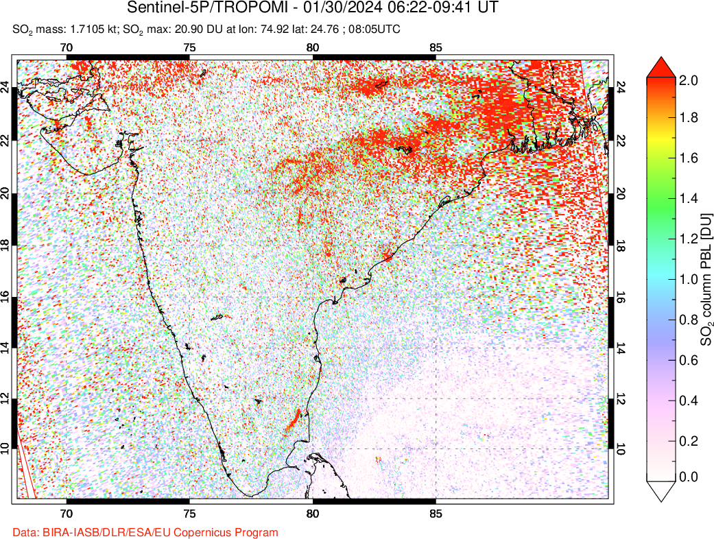 A sulfur dioxide image over India on Jan 30, 2024.