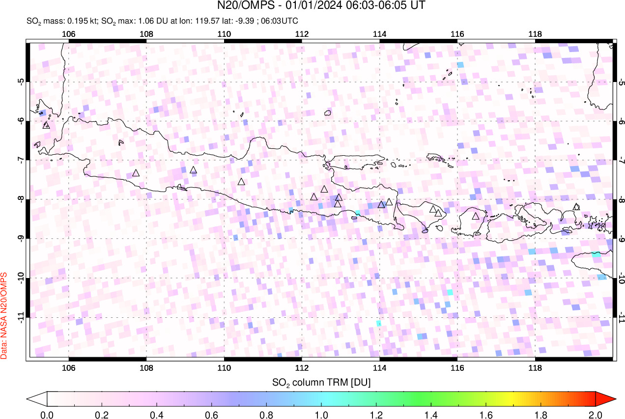 A sulfur dioxide image over Java, Indonesia on Jan 01, 2024.