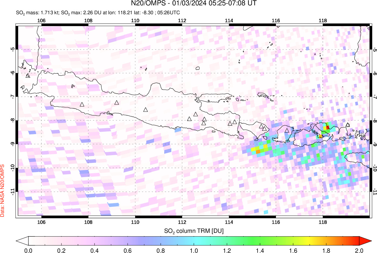 A sulfur dioxide image over Java, Indonesia on Jan 03, 2024.