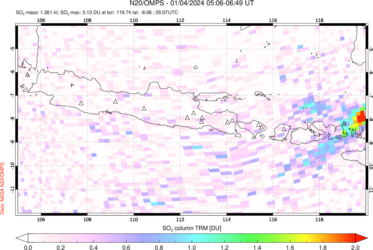A sulfur dioxide image over Java, Indonesia on Jan 04, 2024.