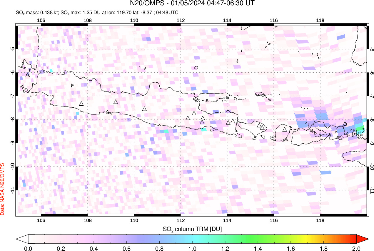 A sulfur dioxide image over Java, Indonesia on Jan 05, 2024.