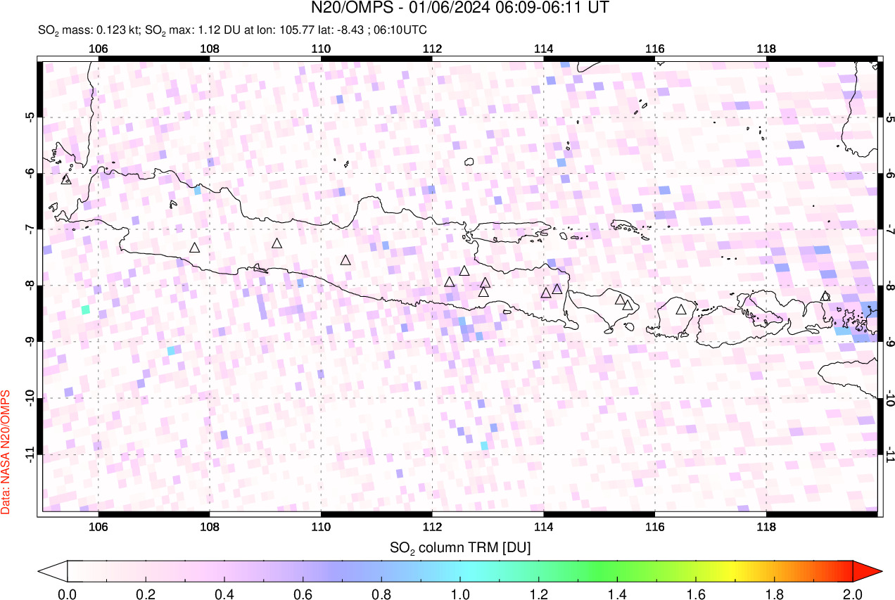 A sulfur dioxide image over Java, Indonesia on Jan 06, 2024.