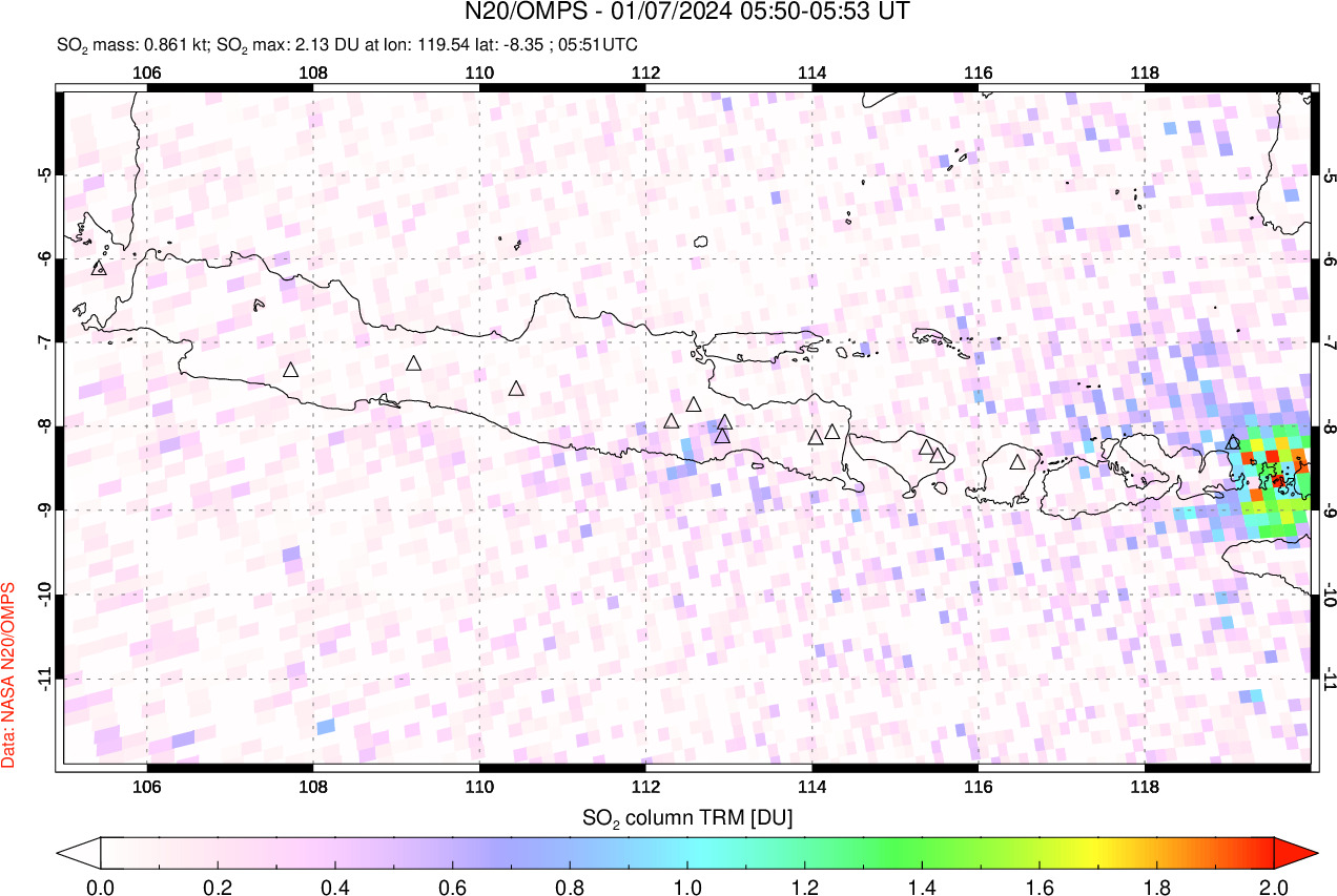 A sulfur dioxide image over Java, Indonesia on Jan 07, 2024.