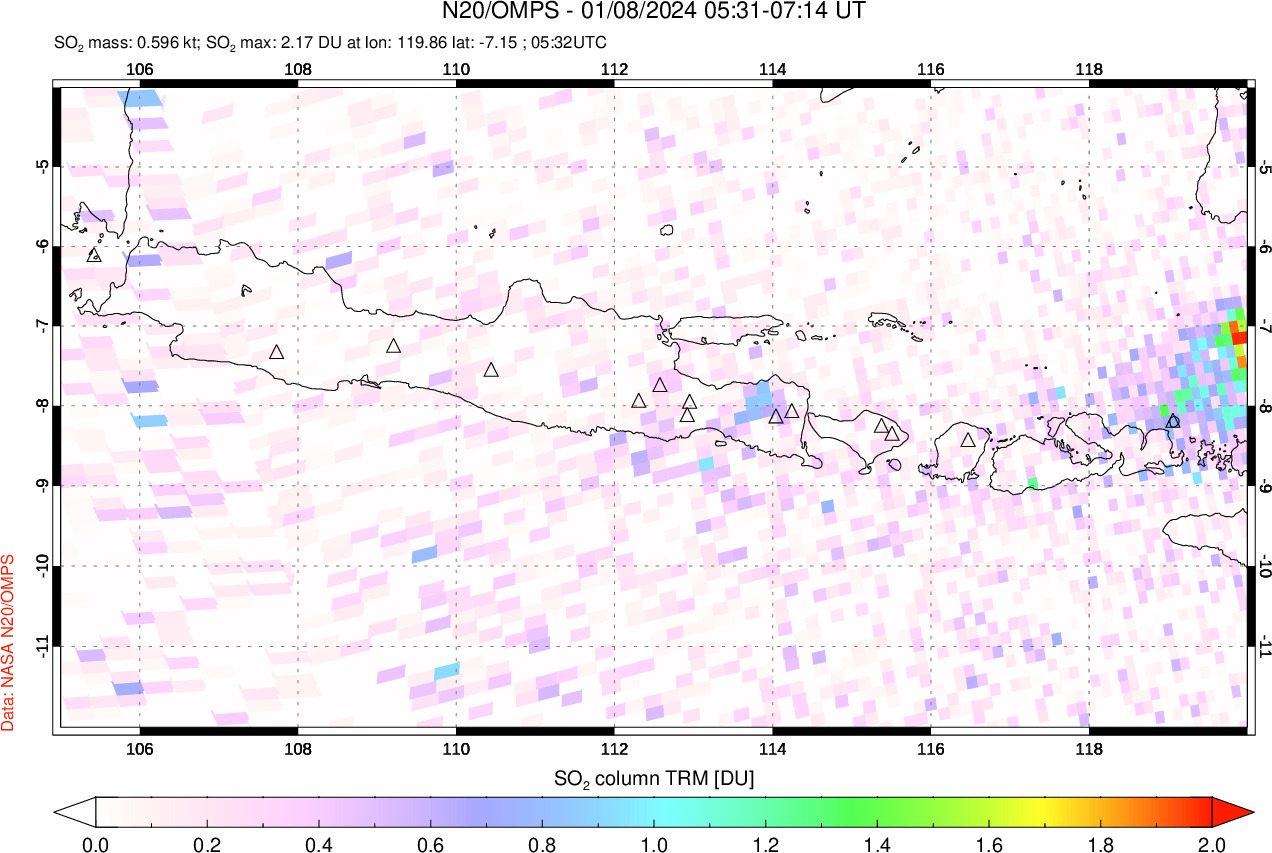 A sulfur dioxide image over Java, Indonesia on Jan 08, 2024.