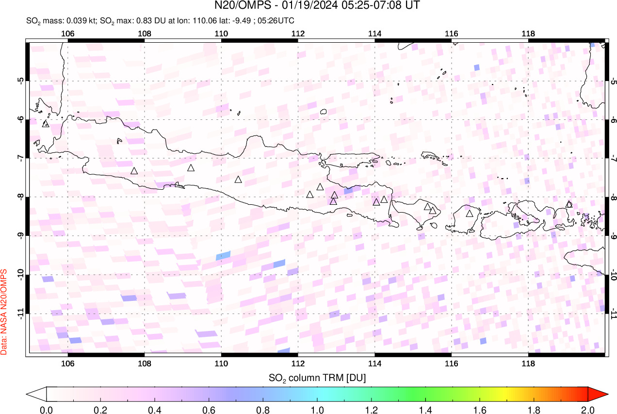 A sulfur dioxide image over Java, Indonesia on Jan 19, 2024.
