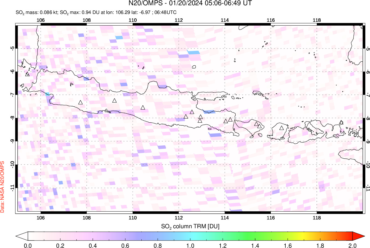 A sulfur dioxide image over Java, Indonesia on Jan 20, 2024.