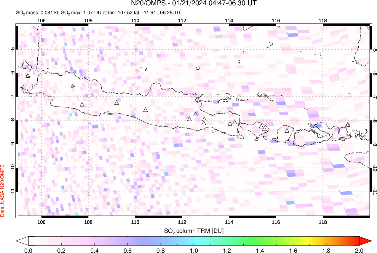 A sulfur dioxide image over Java, Indonesia on Jan 21, 2024.
