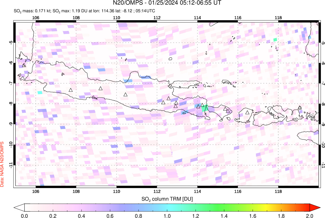 A sulfur dioxide image over Java, Indonesia on Jan 25, 2024.