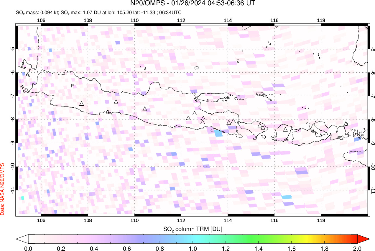 A sulfur dioxide image over Java, Indonesia on Jan 26, 2024.