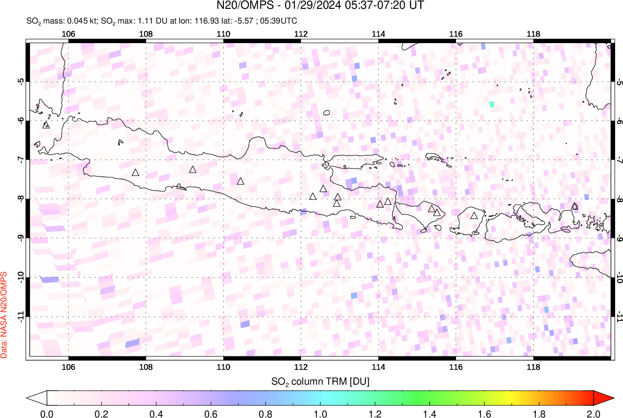 A sulfur dioxide image over Java, Indonesia on Jan 29, 2024.
