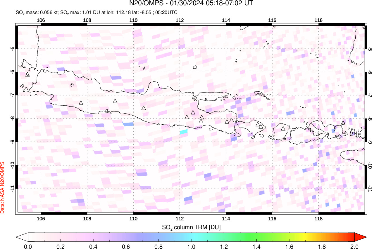 A sulfur dioxide image over Java, Indonesia on Jan 30, 2024.