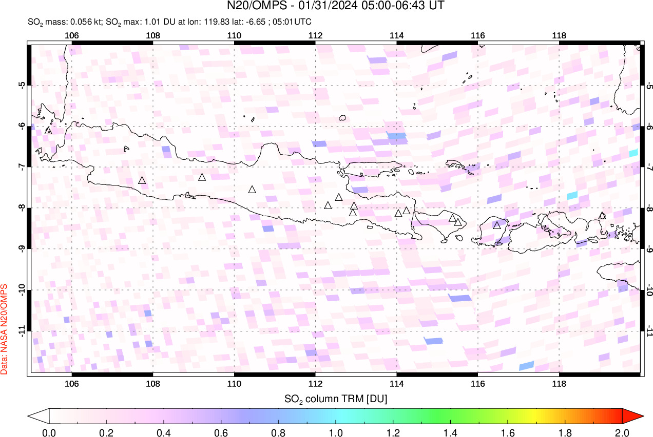 A sulfur dioxide image over Java, Indonesia on Jan 31, 2024.