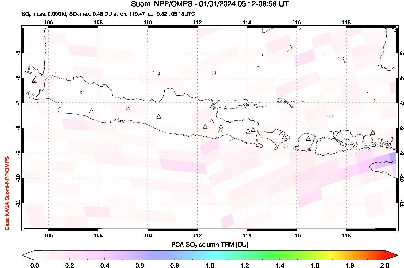 A sulfur dioxide image over Java, Indonesia on Jan 01, 2024.