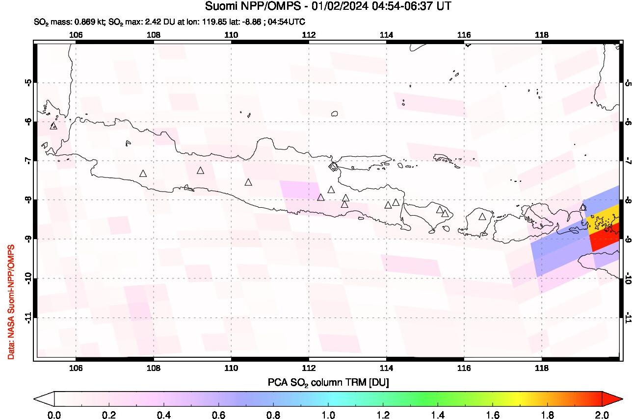 A sulfur dioxide image over Java, Indonesia on Jan 02, 2024.