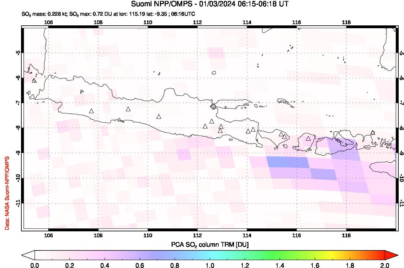 A sulfur dioxide image over Java, Indonesia on Jan 03, 2024.