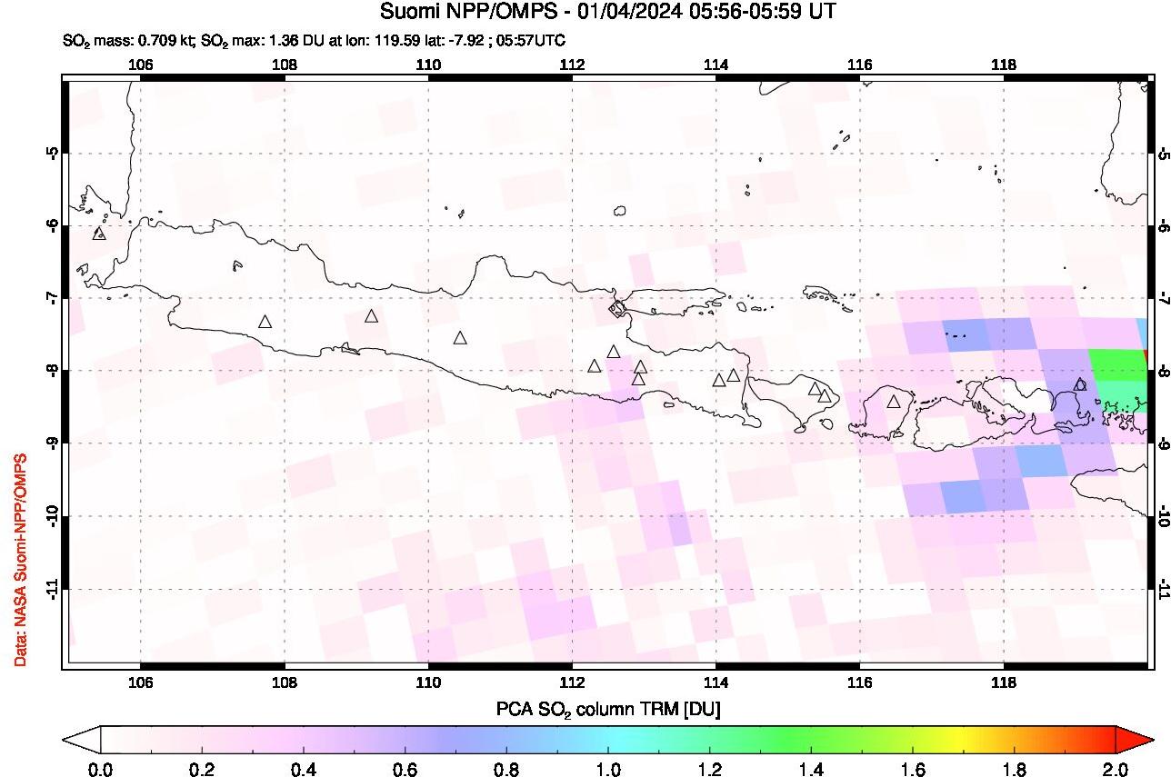 A sulfur dioxide image over Java, Indonesia on Jan 04, 2024.