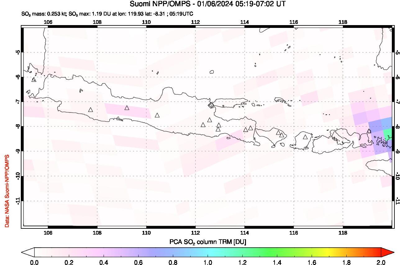 A sulfur dioxide image over Java, Indonesia on Jan 06, 2024.