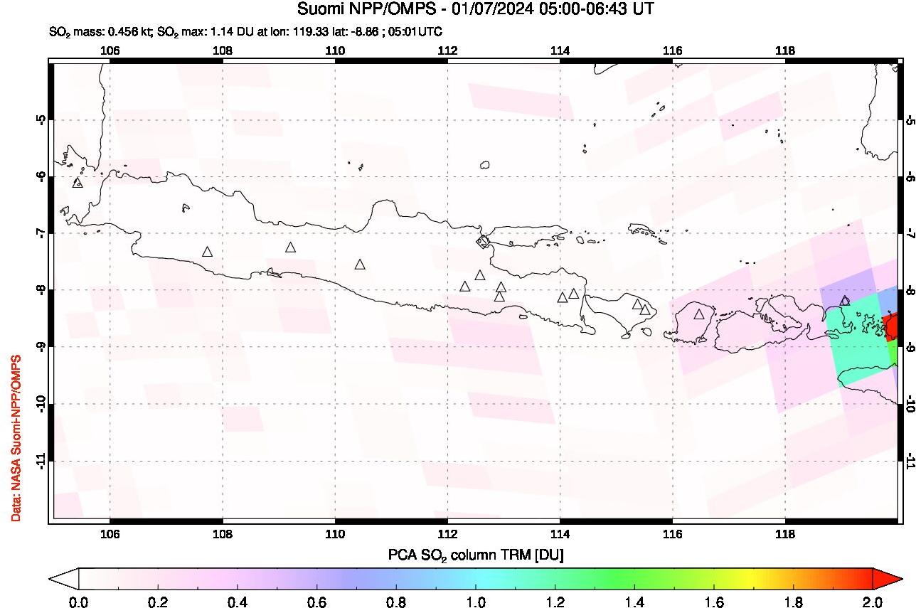 A sulfur dioxide image over Java, Indonesia on Jan 07, 2024.