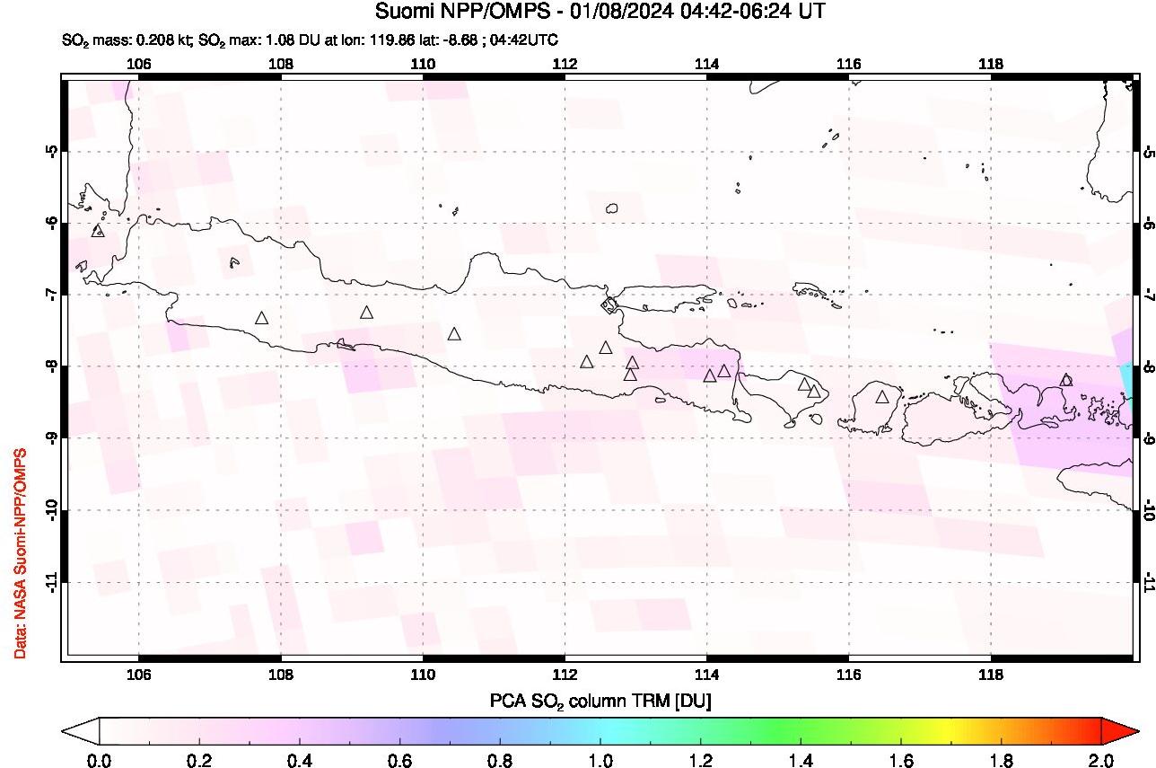 A sulfur dioxide image over Java, Indonesia on Jan 08, 2024.
