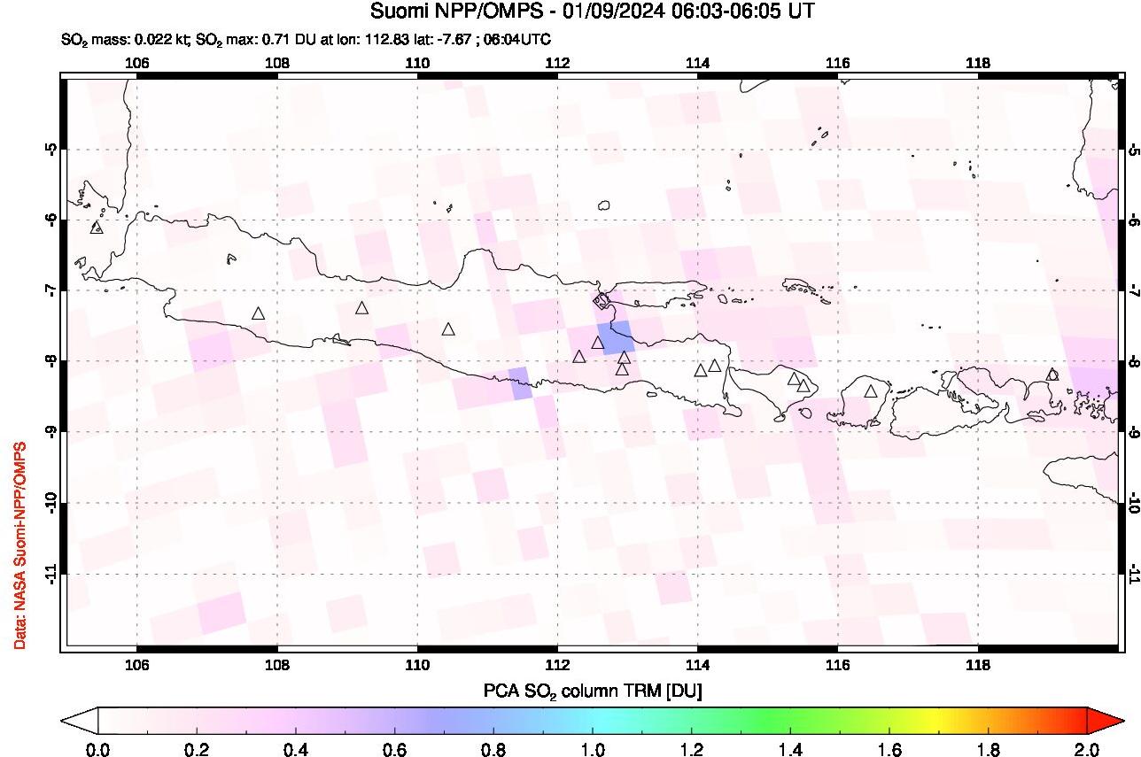 A sulfur dioxide image over Java, Indonesia on Jan 09, 2024.