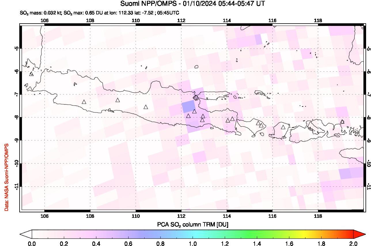 A sulfur dioxide image over Java, Indonesia on Jan 10, 2024.
