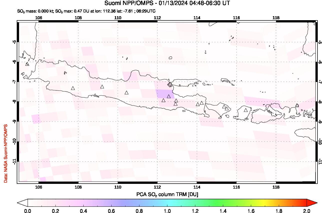A sulfur dioxide image over Java, Indonesia on Jan 13, 2024.