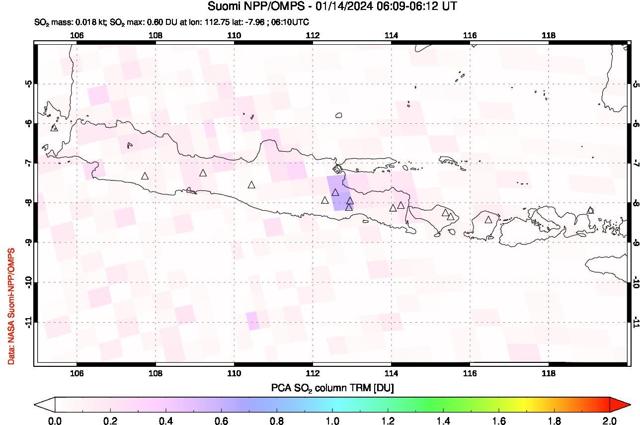 A sulfur dioxide image over Java, Indonesia on Jan 14, 2024.