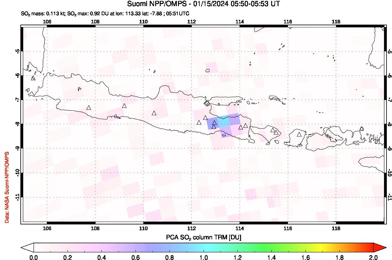 A sulfur dioxide image over Java, Indonesia on Jan 15, 2024.