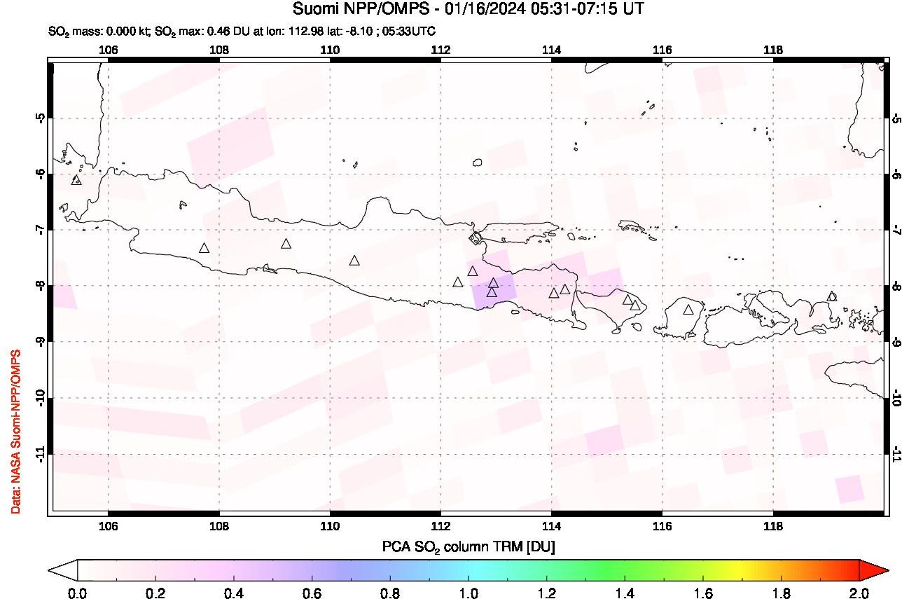 A sulfur dioxide image over Java, Indonesia on Jan 16, 2024.