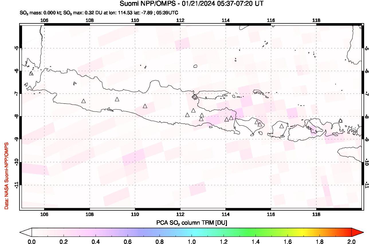 A sulfur dioxide image over Java, Indonesia on Jan 21, 2024.