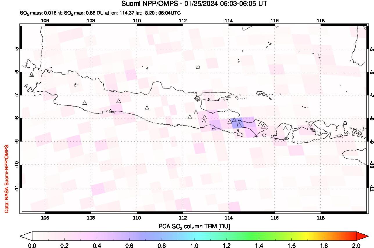 A sulfur dioxide image over Java, Indonesia on Jan 25, 2024.