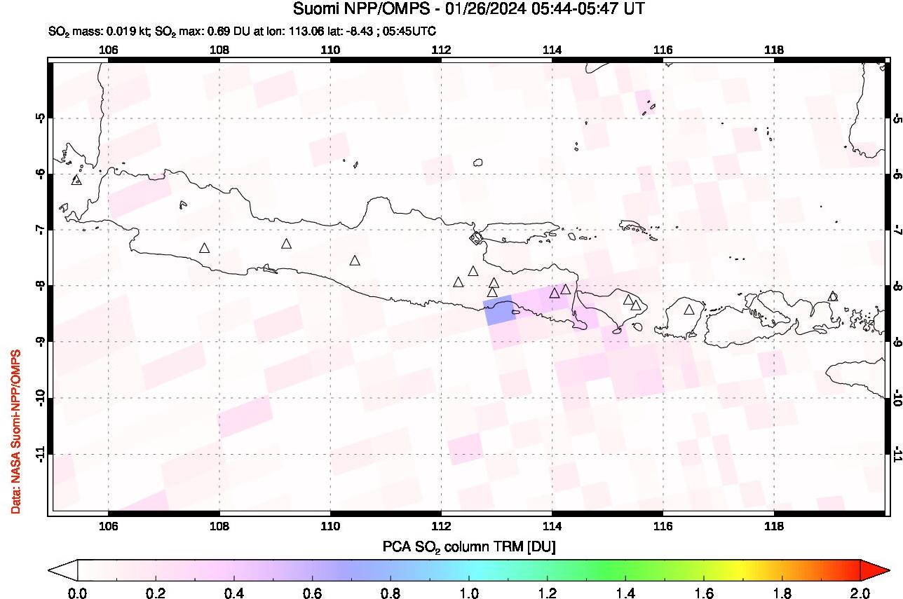 A sulfur dioxide image over Java, Indonesia on Jan 26, 2024.