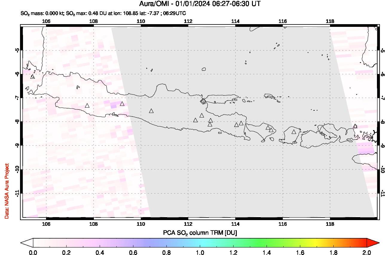 A sulfur dioxide image over Java, Indonesia on Jan 01, 2024.